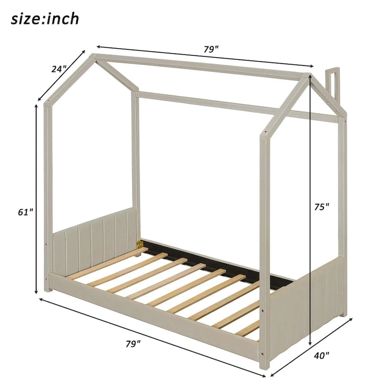 Twin Size Modern Canopy Bed with Striped Headboard & Roof Design-6