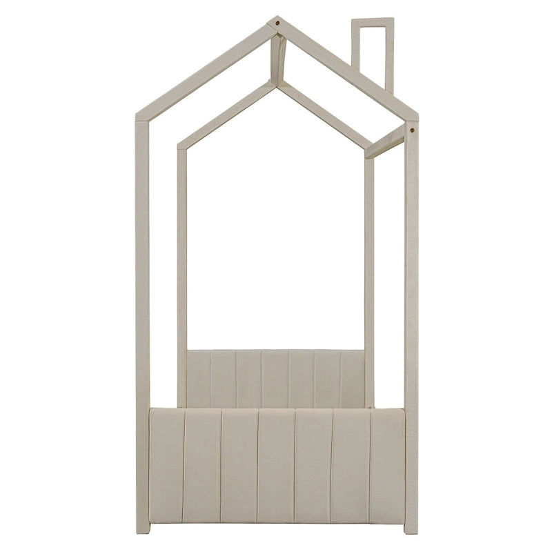 Twin Size Modern Canopy Bed with Striped Headboard & Roof Design-9