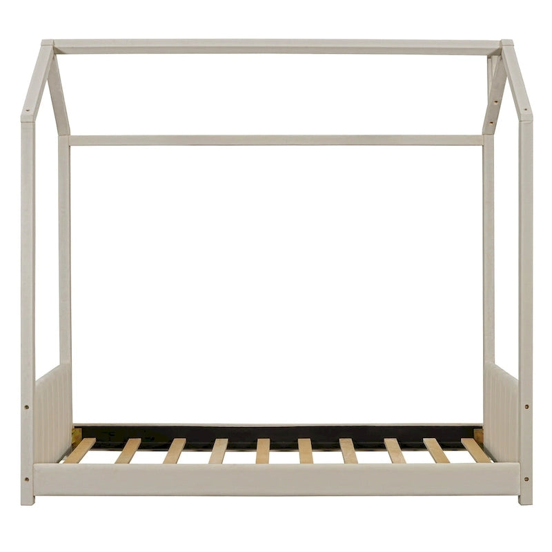 Twin Size Modern Canopy Bed with Striped Headboard & Roof Design-12