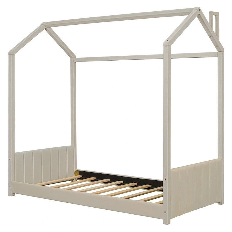 Twin Size Modern Canopy Bed with Striped Headboard & Roof Design-13