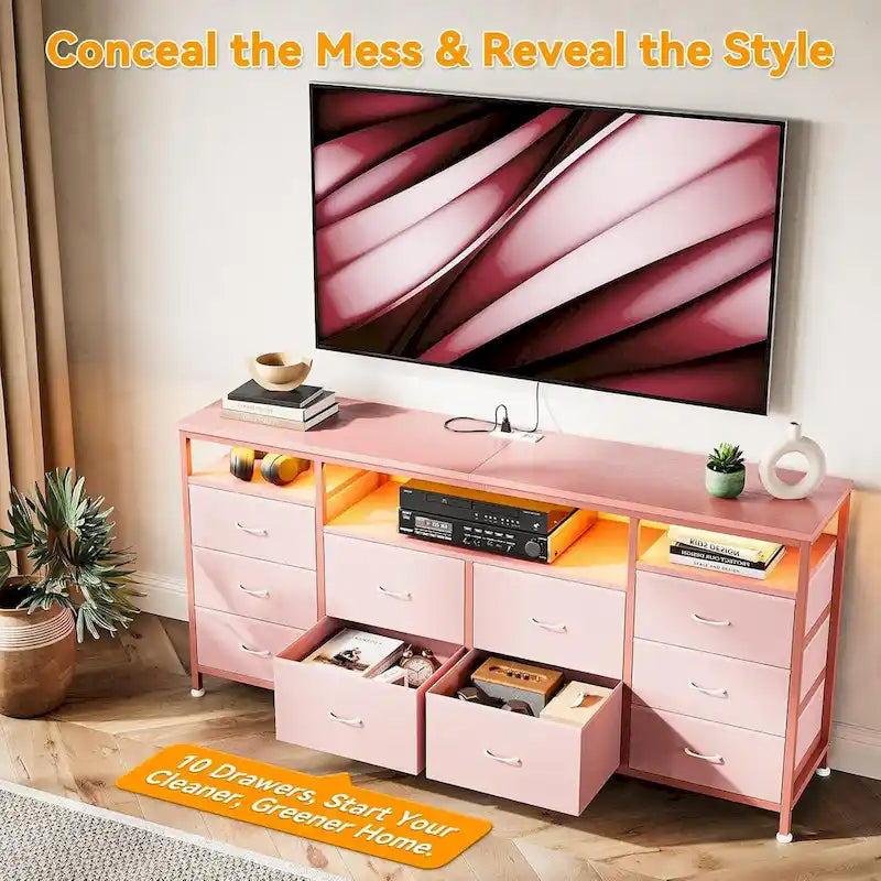 63.3 Inch Black Dresser for Bedroom, 10 Drawer Dresser TV Stand-6