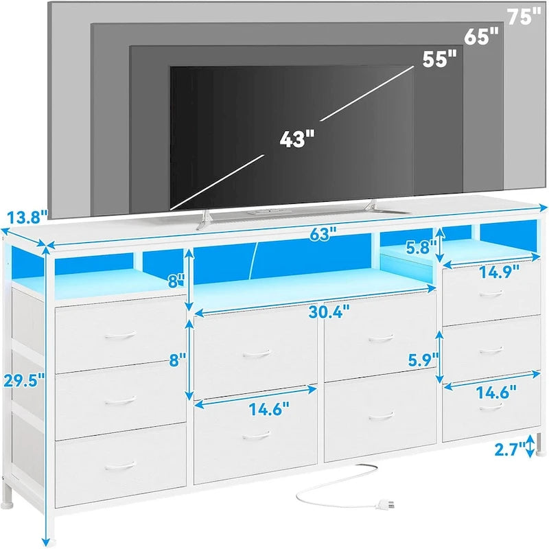 63.3 Inch Black Dresser for Bedroom, 10 Drawer Dresser TV Stand-12