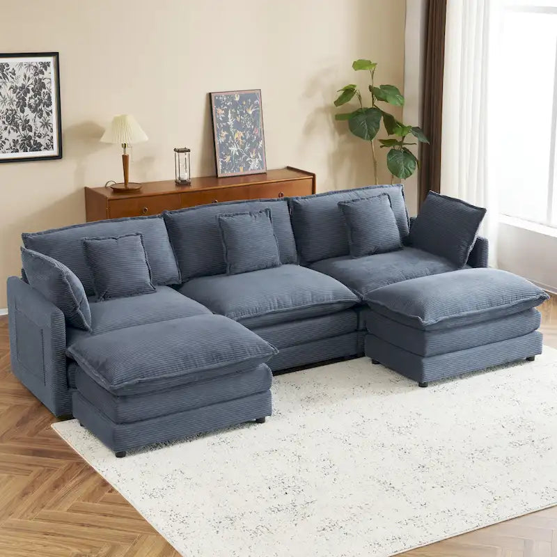 Modular Sofa Couch, Upholstered Corduroy L-Shape Sectional Sofa with Side Storage Pockets and Movable Ottoman-35