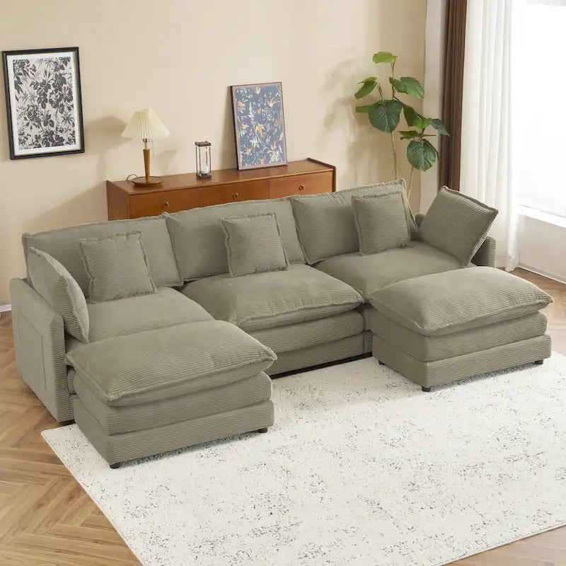 Modular Sofa Couch, Upholstered Corduroy L-Shape Sectional Sofa with Side Storage Pockets and Movable Ottoman-38