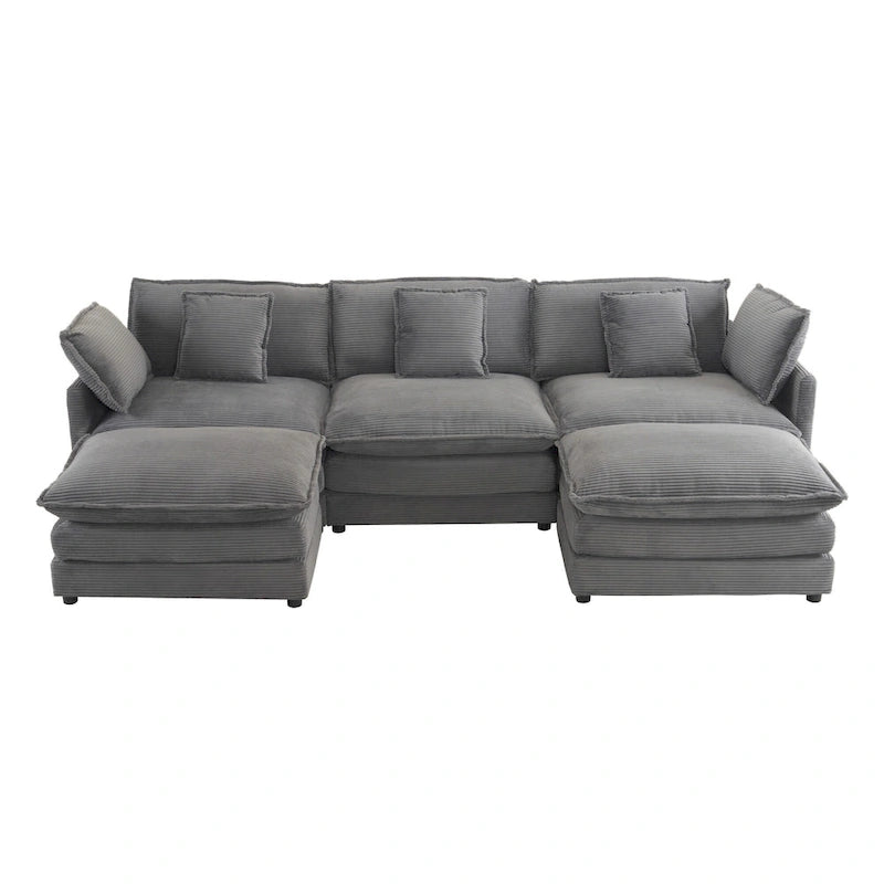 Modular Sofa Couch, Upholstered Corduroy L-Shape Sectional Sofa with Side Storage Pockets and Movable Ottoman-3