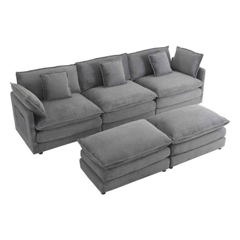 Modular Sofa Couch, Upholstered Corduroy L-Shape Sectional Sofa with Side Storage Pockets and Movable Ottoman-4