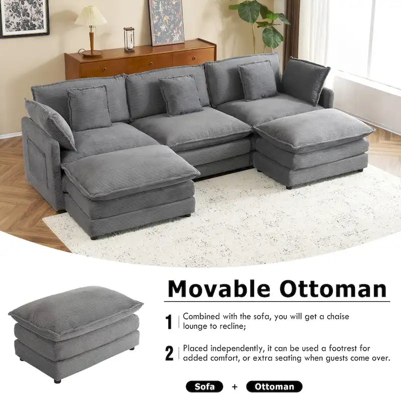 Modular Sofa Couch, Upholstered Corduroy L-Shape Sectional Sofa with Side Storage Pockets and Movable Ottoman-6