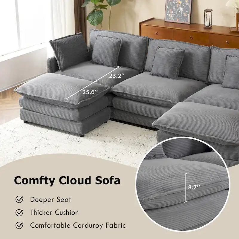 Modular Sofa Couch, Upholstered Corduroy L-Shape Sectional Sofa with Side Storage Pockets and Movable Ottoman-7