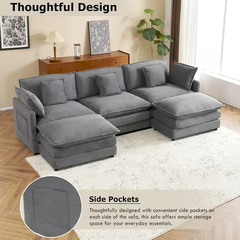 Modular Sofa Couch, Upholstered Corduroy L-Shape Sectional Sofa with Side Storage Pockets and Movable Ottoman-8