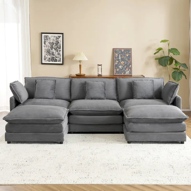 Modular Sofa Couch, Upholstered Corduroy L-Shape Sectional Sofa with Side Storage Pockets and Movable Ottoman-10