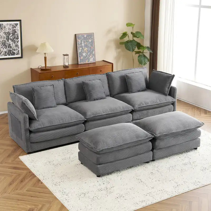 Modular Sofa Couch, Upholstered Corduroy L-Shape Sectional Sofa with Side Storage Pockets and Movable Ottoman-11