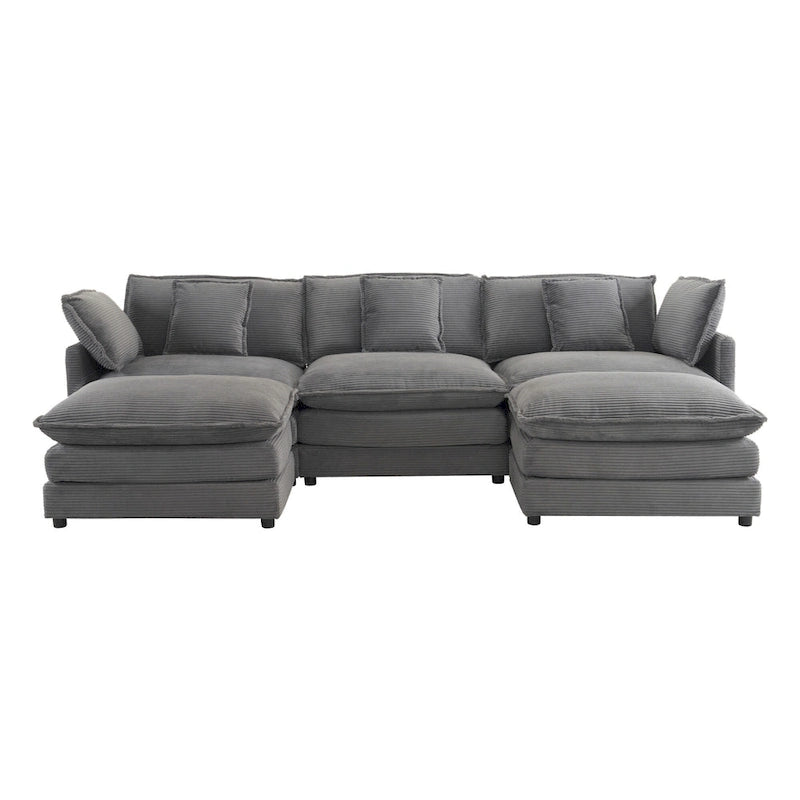 Modular Sofa Couch, Upholstered Corduroy L-Shape Sectional Sofa with Side Storage Pockets and Movable Ottoman-12