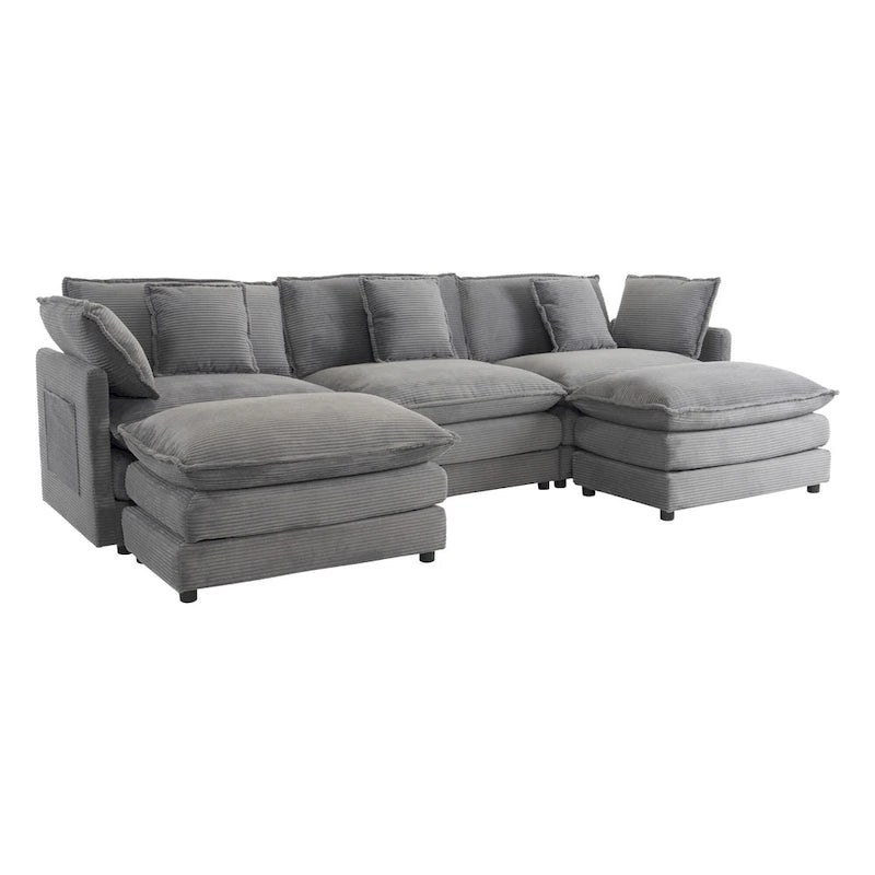 Modular Sofa Couch, Upholstered Corduroy L-Shape Sectional Sofa with Side Storage Pockets and Movable Ottoman-13
