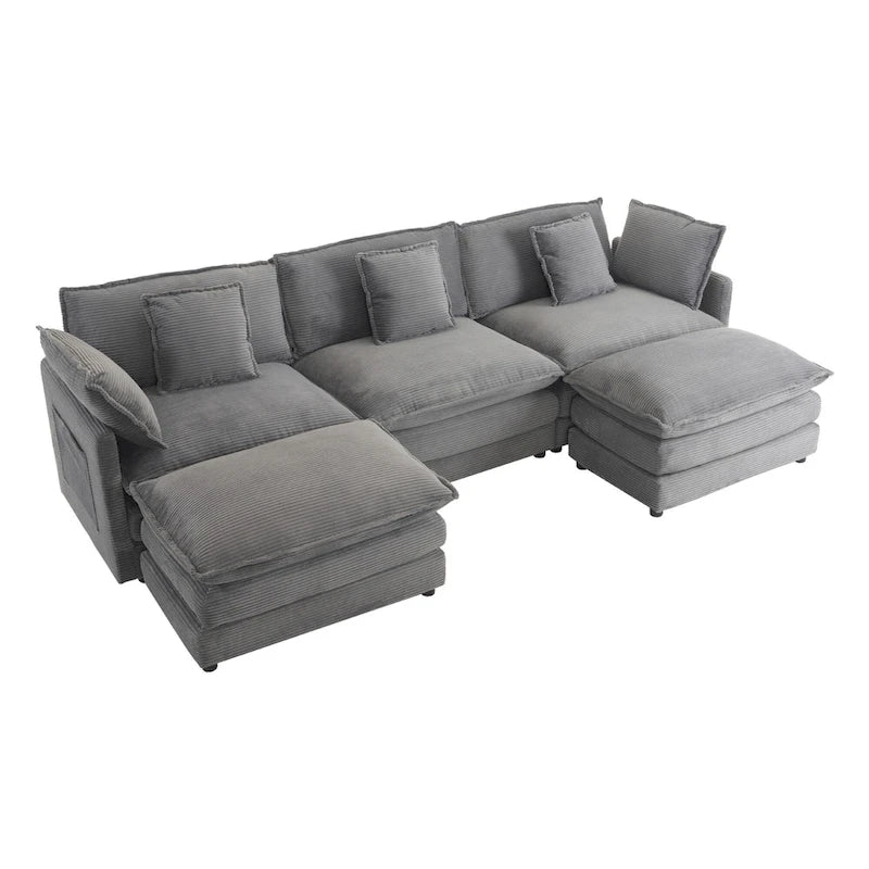 Modular Sofa Couch, Upholstered Corduroy L-Shape Sectional Sofa with Side Storage Pockets and Movable Ottoman-14