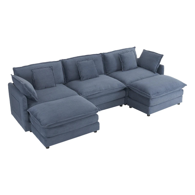 Modular Sofa Couch, Upholstered Corduroy L-Shape Sectional Sofa with Side Storage Pockets and Movable Ottoman-23