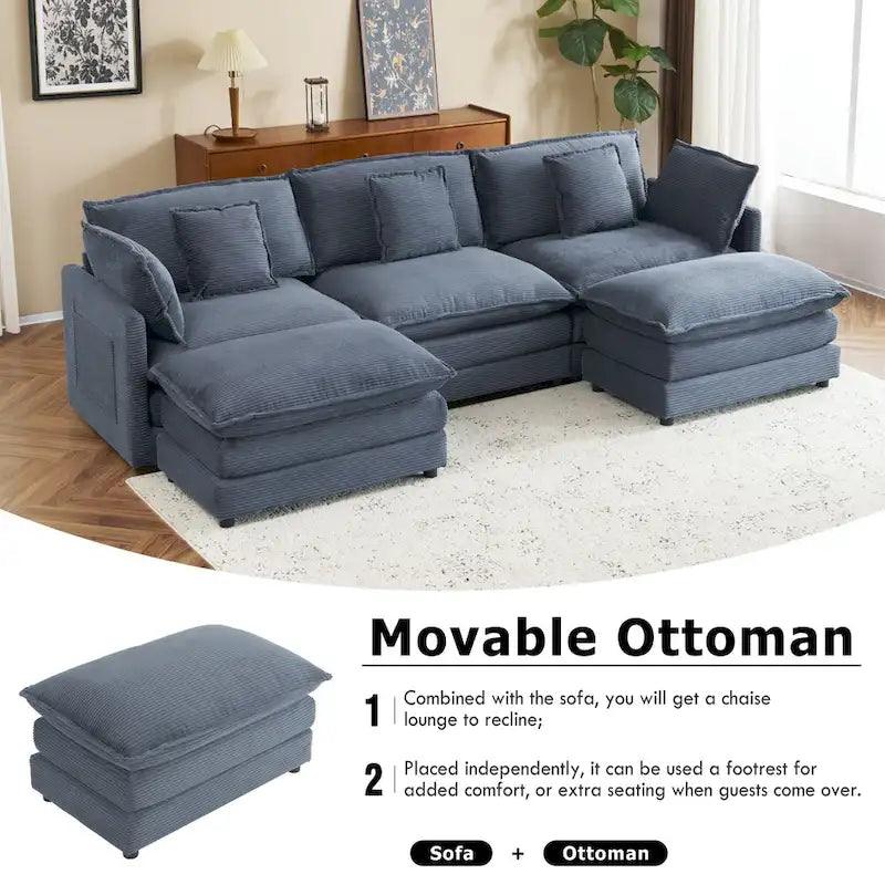 Modular Sofa Couch, Upholstered Corduroy L-Shape Sectional Sofa with Side Storage Pockets and Movable Ottoman-25