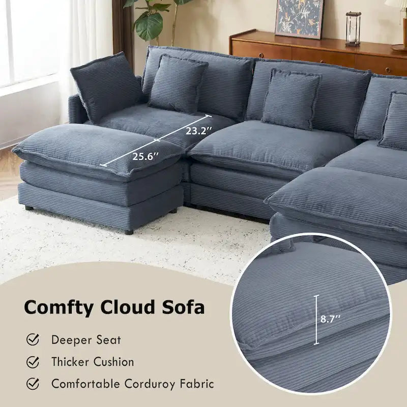 Modular Sofa Couch, Upholstered Corduroy L-Shape Sectional Sofa with Side Storage Pockets and Movable Ottoman-26