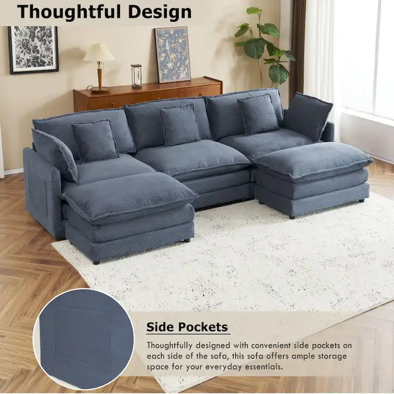 Modular Sofa Couch, Upholstered Corduroy L-Shape Sectional Sofa with Side Storage Pockets and Movable Ottoman-27