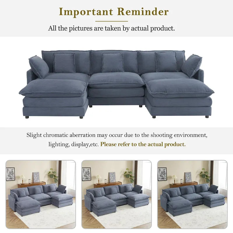 Modular Sofa Couch, Upholstered Corduroy L-Shape Sectional Sofa with Side Storage Pockets and Movable Ottoman-28