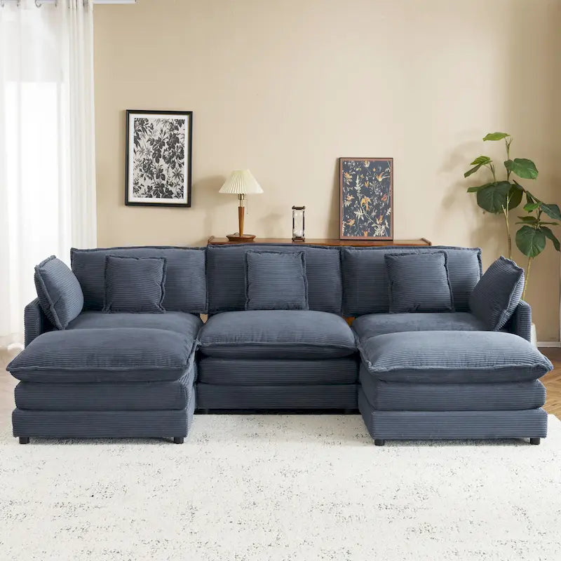 Modular Sofa Couch, Upholstered Corduroy L-Shape Sectional Sofa with Side Storage Pockets and Movable Ottoman-29