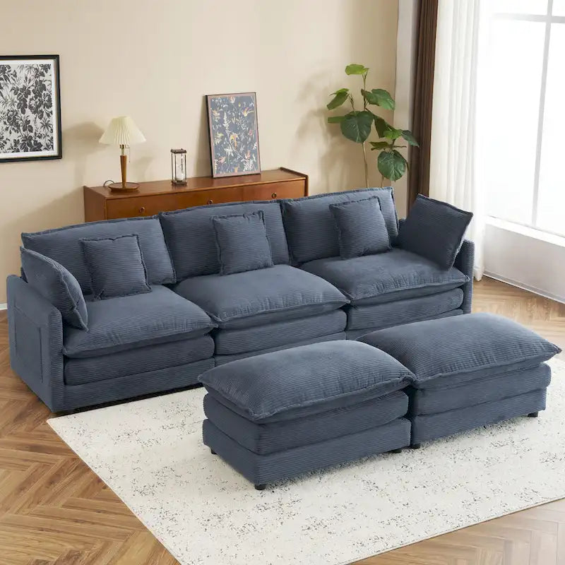Modular Sofa Couch, Upholstered Corduroy L-Shape Sectional Sofa with Side Storage Pockets and Movable Ottoman-30