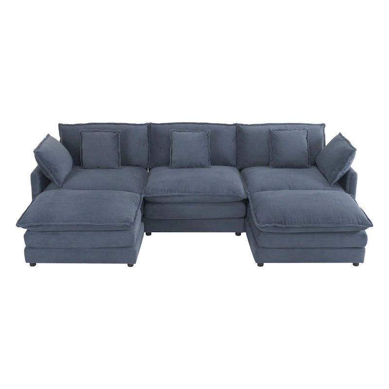Modular Sofa Couch, Upholstered Corduroy L-Shape Sectional Sofa with Side Storage Pockets and Movable Ottoman-32