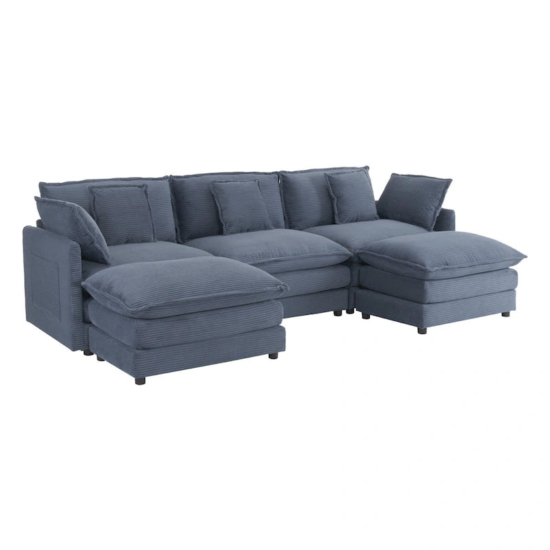 Modular Sofa Couch, Upholstered Corduroy L-Shape Sectional Sofa with Side Storage Pockets and Movable Ottoman-33