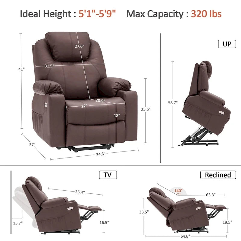 MCombo Large Power Lift Recliner Leather Chair with Massage, Heat, Cup Holders,Extended Footrest, Leather 7516-8