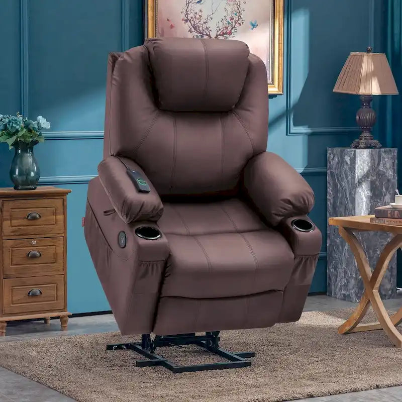 MCombo Large Power Lift Recliner Leather Chair with Massage, Heat, Cup Holders,Extended Footrest, Leather 7516-13