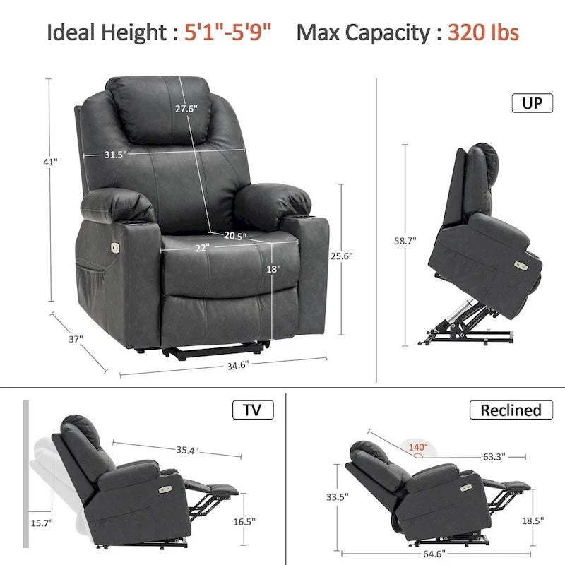 MCombo Large Power Lift Recliner Leather Chair with Massage, Heat, Cup Holders,Extended Footrest, Leather 7516-14