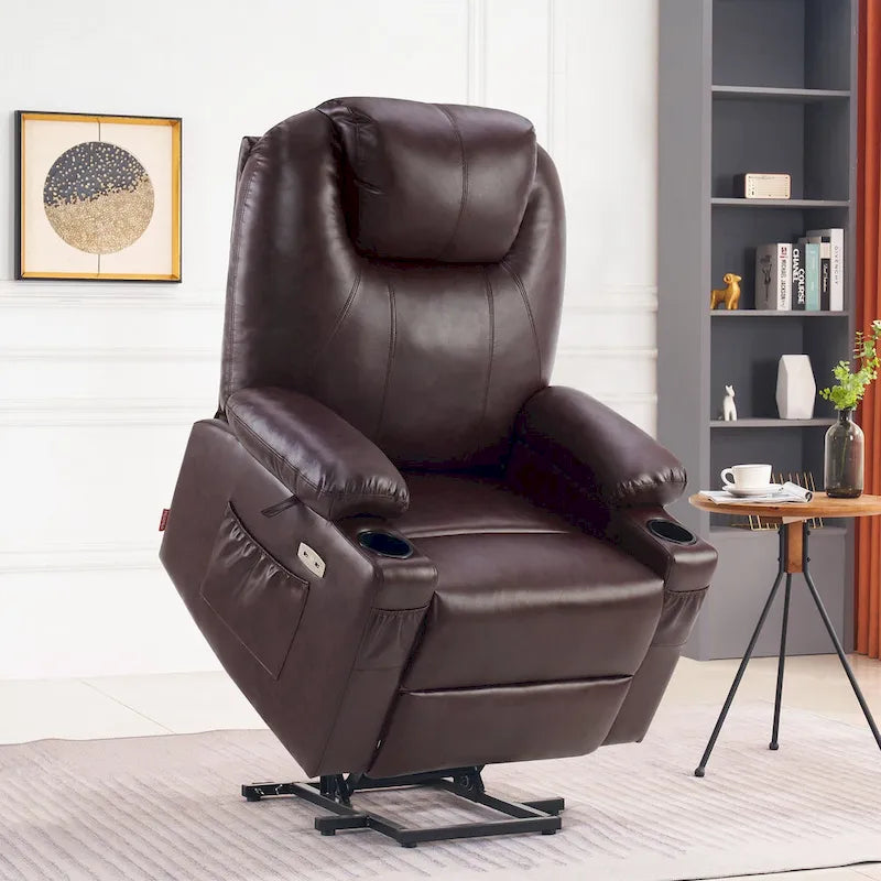 MCombo Large Power Lift Recliner Leather Chair with Massage, Heat, Cup Holders,Extended Footrest, Leather 7516-21