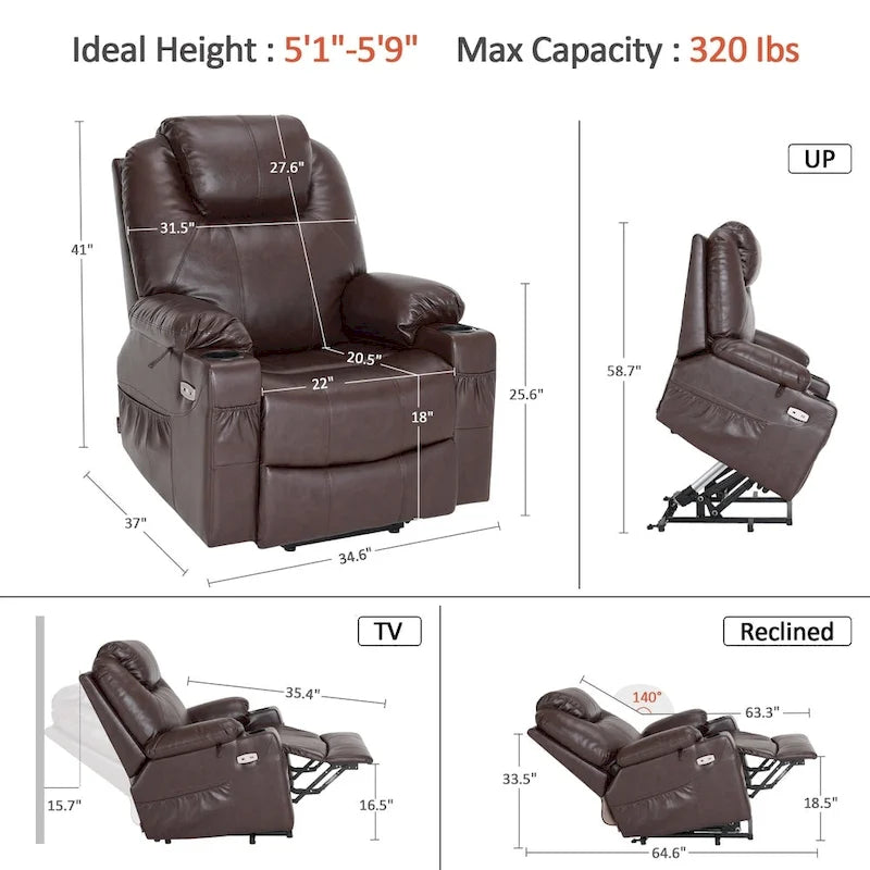 MCombo Large Power Lift Recliner Leather Chair with Massage, Heat, Cup Holders,Extended Footrest, Leather 7516-22