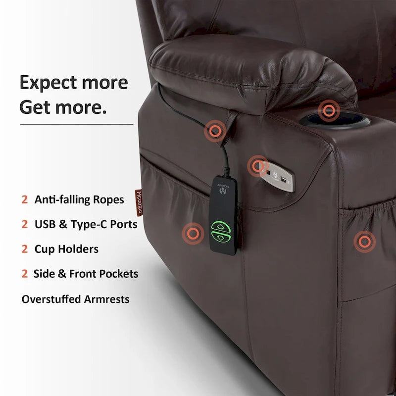 MCombo Large Power Lift Recliner Leather Chair with Massage, Heat, Cup Holders,Extended Footrest, Leather 7516-26