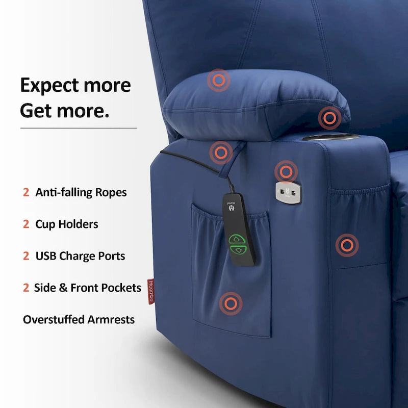 MCombo Large Power Lift Recliner Leather Chair with Massage, Heat, Cup Holders,Extended Footrest, Leather 7516-34