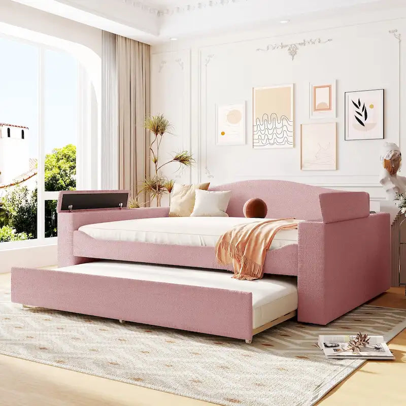 Full Size Upholstered Daybed with Storage Armrests, Trundle and Latest Integrated Bluetooth Audio System, Teddy Fleece, Pink-8