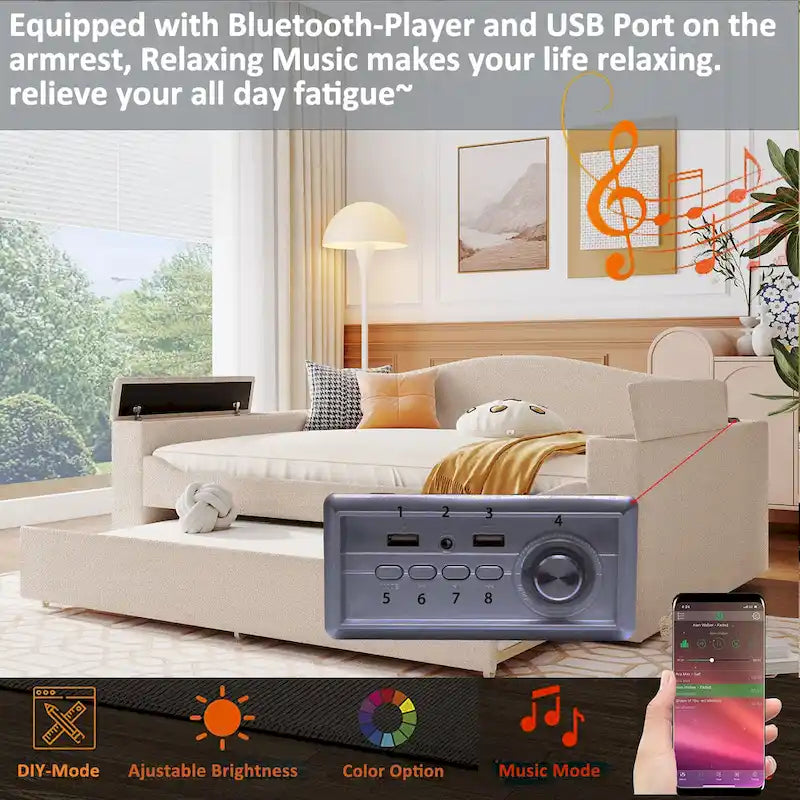 Full Size Upholstered Daybed with Storage Armrests, Trundle and Latest Integrated Bluetooth Audio System, Teddy Fleece, Pink