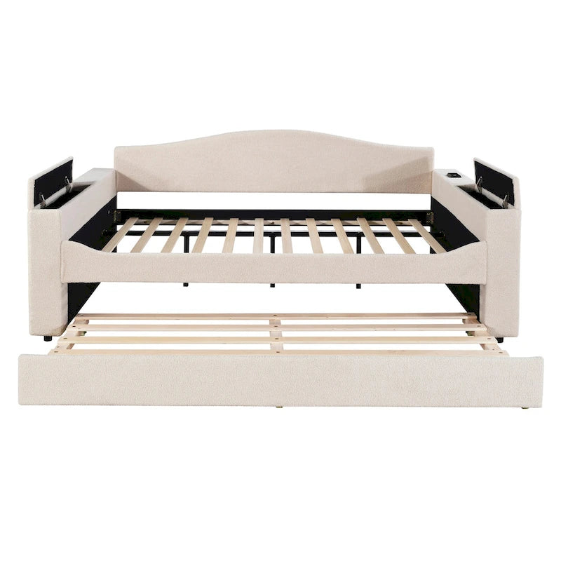 Full Size Upholstered Daybed with Storage Armrests, Trundle and Latest Integrated Bluetooth Audio System, Teddy Fleece, Pink-4