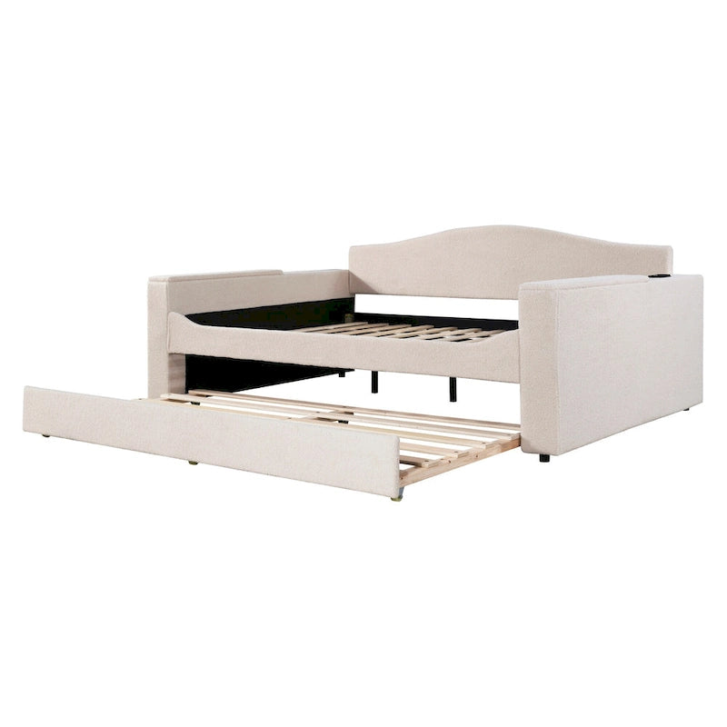 Full Size Upholstered Daybed with Storage Armrests, Trundle and Latest Integrated Bluetooth Audio System, Teddy Fleece, Pink-5