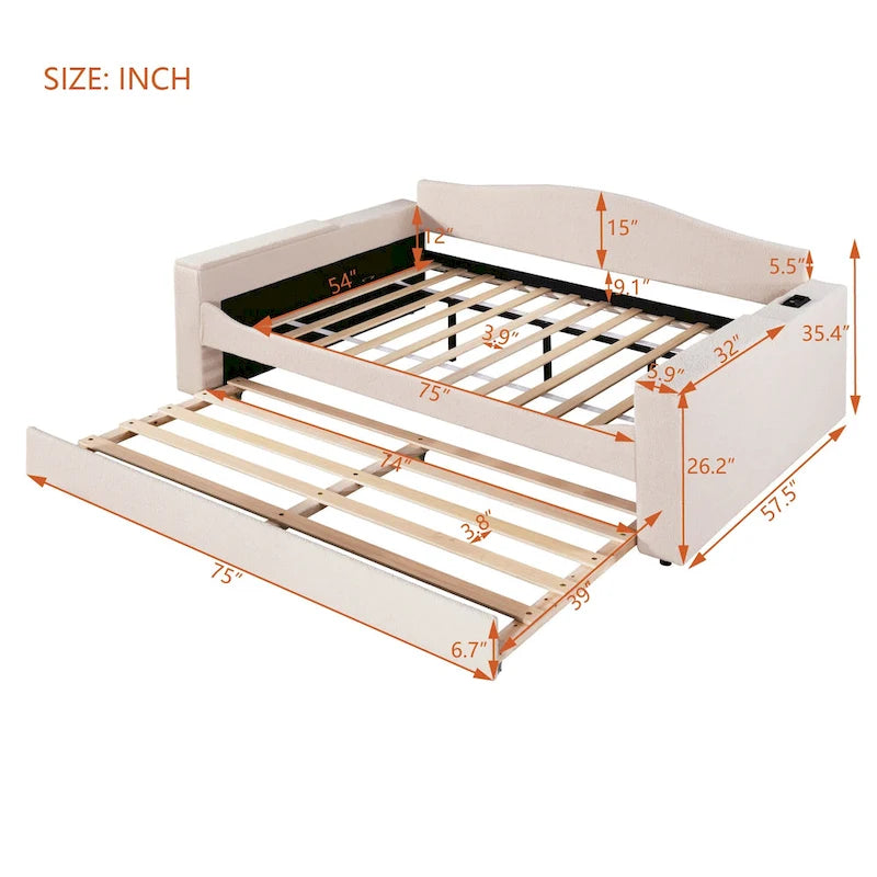 Full Size Upholstered Daybed with Storage Armrests, Trundle and Latest Integrated Bluetooth Audio System, Teddy Fleece, Pink-6