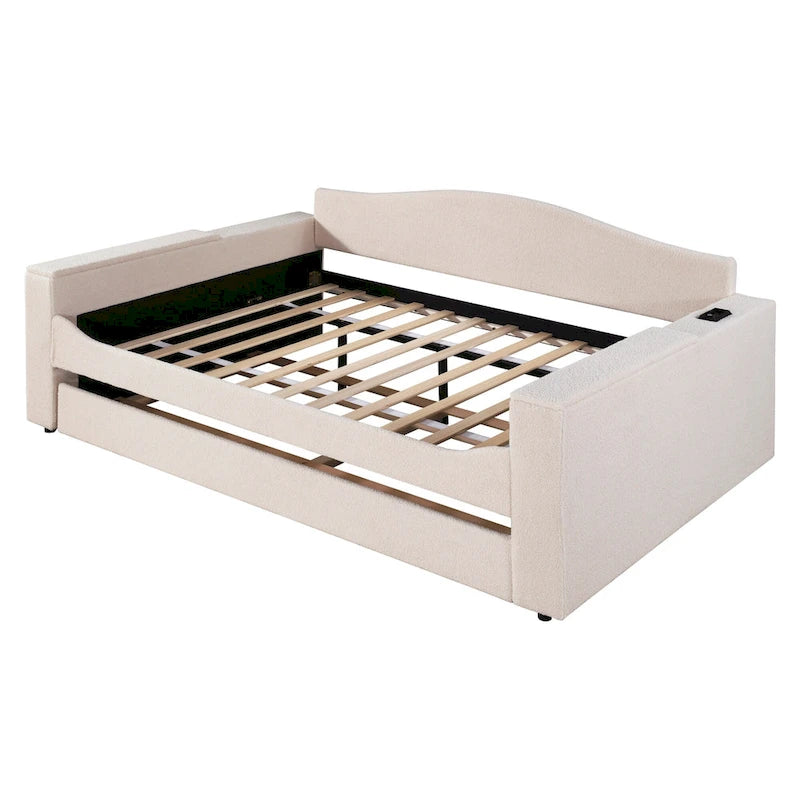 Full Size Upholstered Daybed with Storage Armrests, Trundle and Latest Integrated Bluetooth Audio System, Teddy Fleece, Pink-7