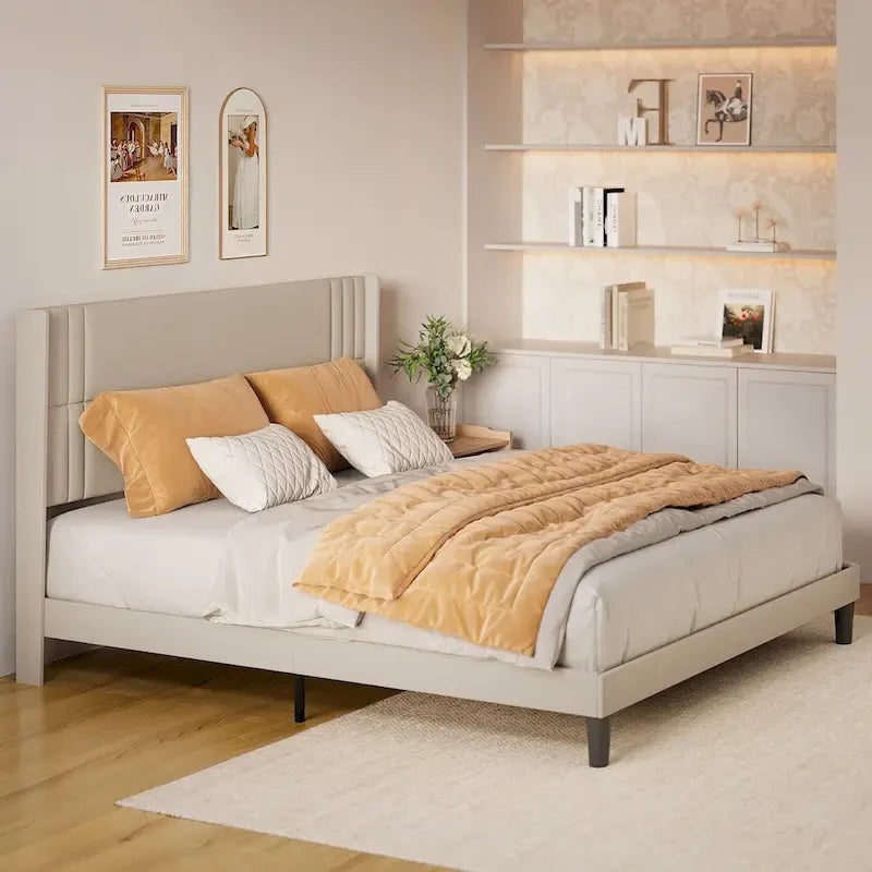 Twin/Full/Queen/King Bed Frame with Wingback Headboard, Upholstered Platform Bed-3