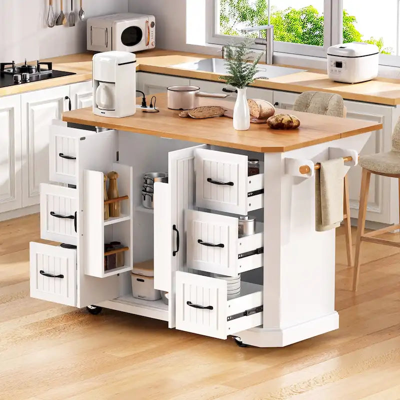 56 Kitchen Island With Drop Leaf, Rolling Kitchen Cart On Wheels, Rolling Kitchen Table with Drawers-16