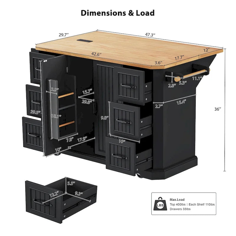 56 Kitchen Island With Drop Leaf, Rolling Kitchen Cart On Wheels, Rolling Kitchen Table with Drawers-2