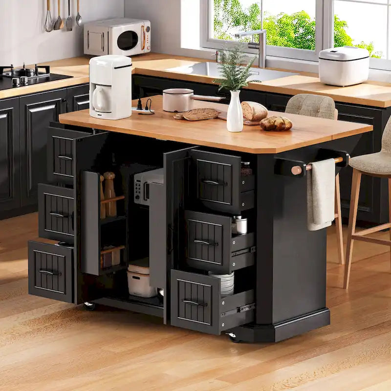 56 Kitchen Island With Drop Leaf, Rolling Kitchen Cart On Wheels, Rolling Kitchen Table with Drawers-5