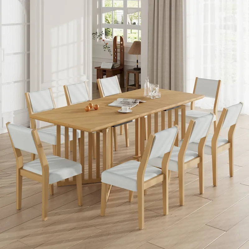 9-Pcs Extendable Dining Table Set, Kitchen Table and Chair Set with Rectangular Table and 8 Upholstered Dining Chairs-2