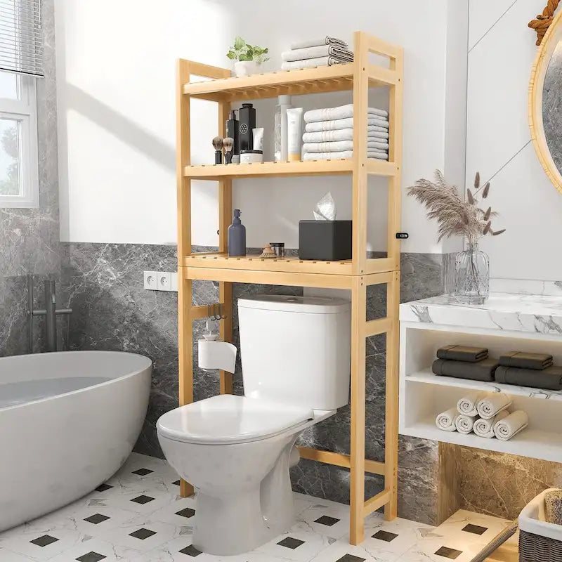 Over The Toilet Storage Shelf, Bamboo 3-Tier Above Toilet Storage Rack with 3 Hooks-2