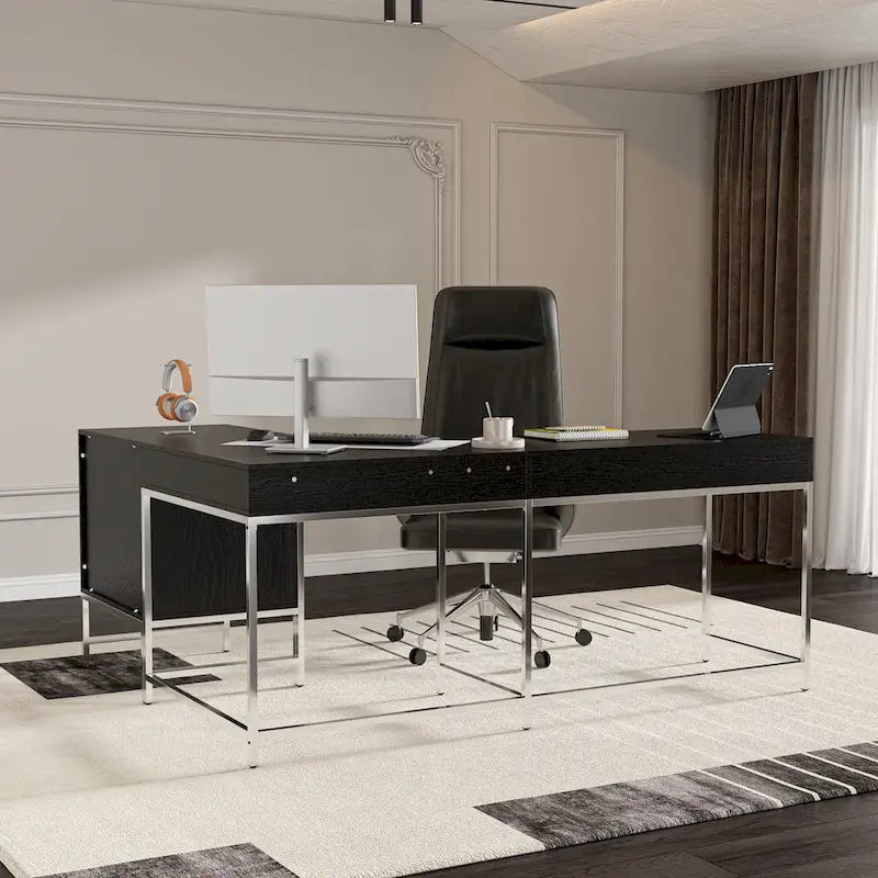L-Shaped Black Wood Grain Office Desk with Drawers,Steel Frame, Modern Executive Workstation
