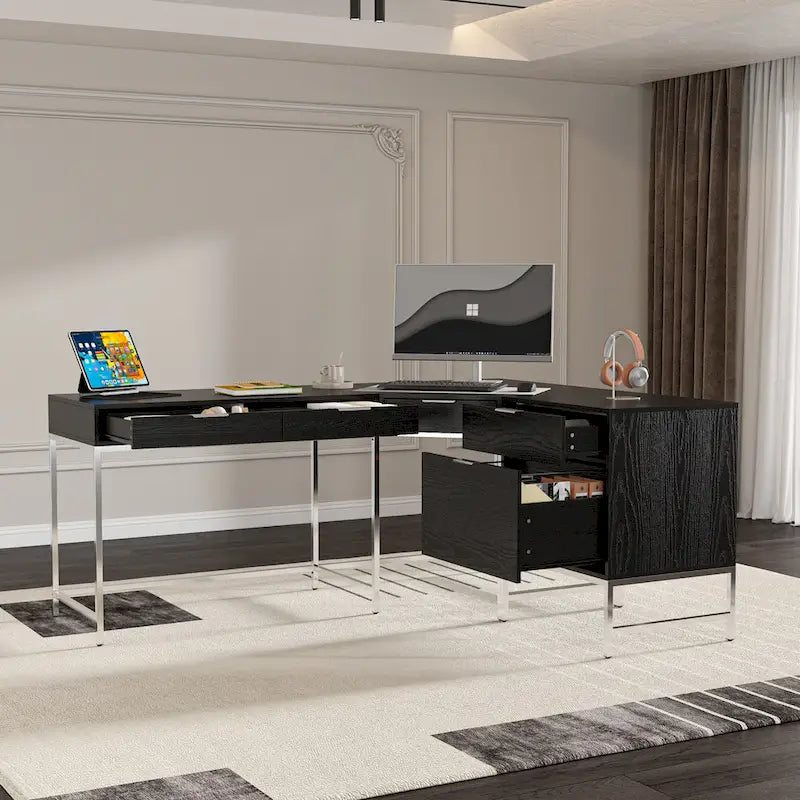L-Shaped Black Wood Grain Office Desk with Drawers,Steel Frame, Modern Executive Workstation-3
