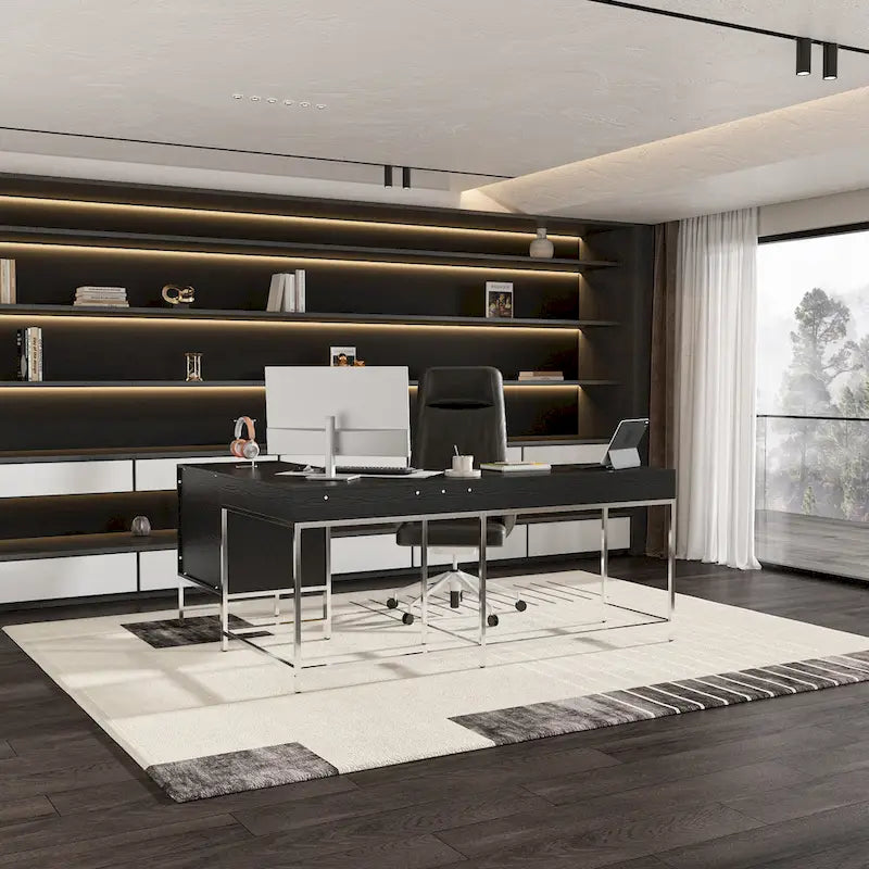 L-Shaped Black Wood Grain Office Desk with Drawers,Steel Frame, Modern Executive Workstation-4