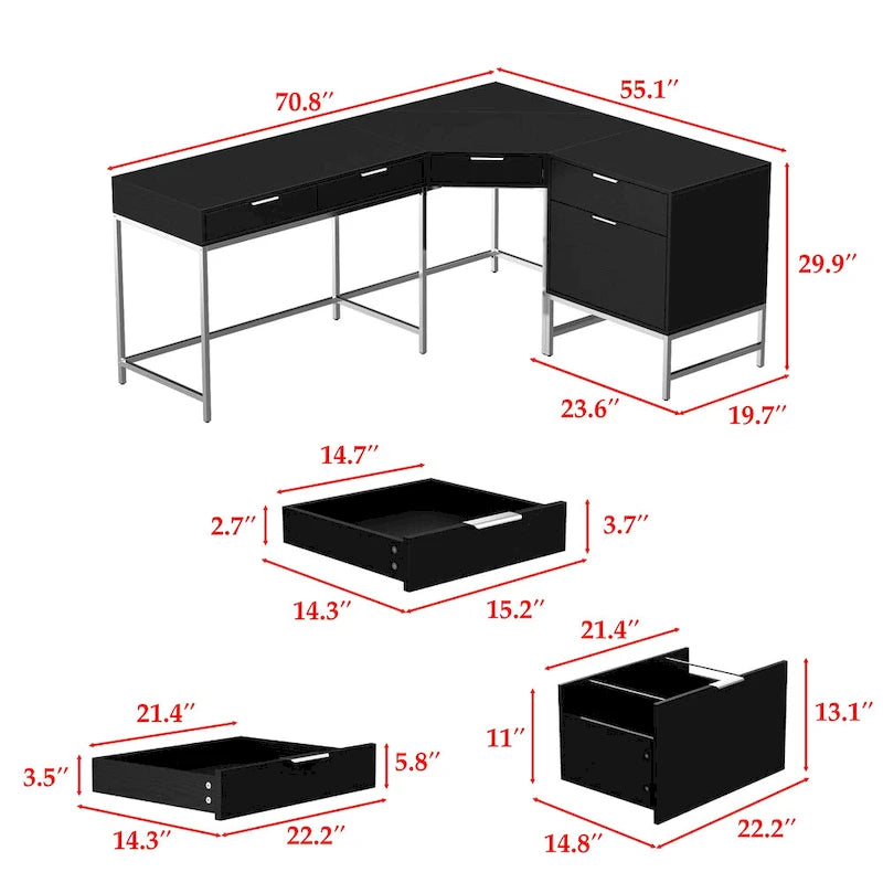 L-Shaped Black Wood Grain Office Desk with Drawers,Steel Frame, Modern Executive Workstation-5